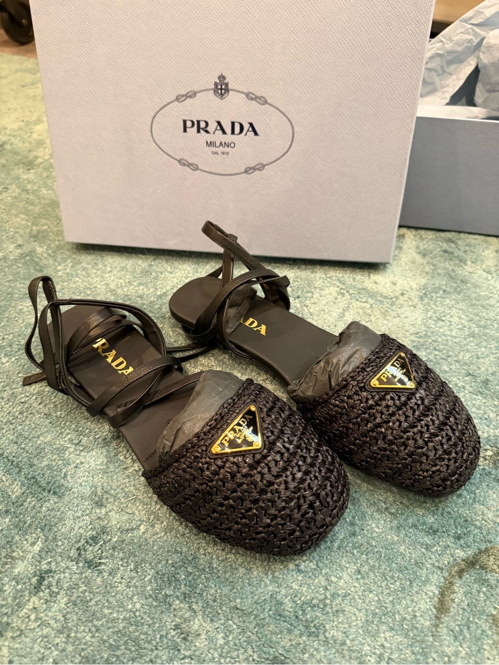 NEW Prada Black Raffia Lace-Up Flat Sandals